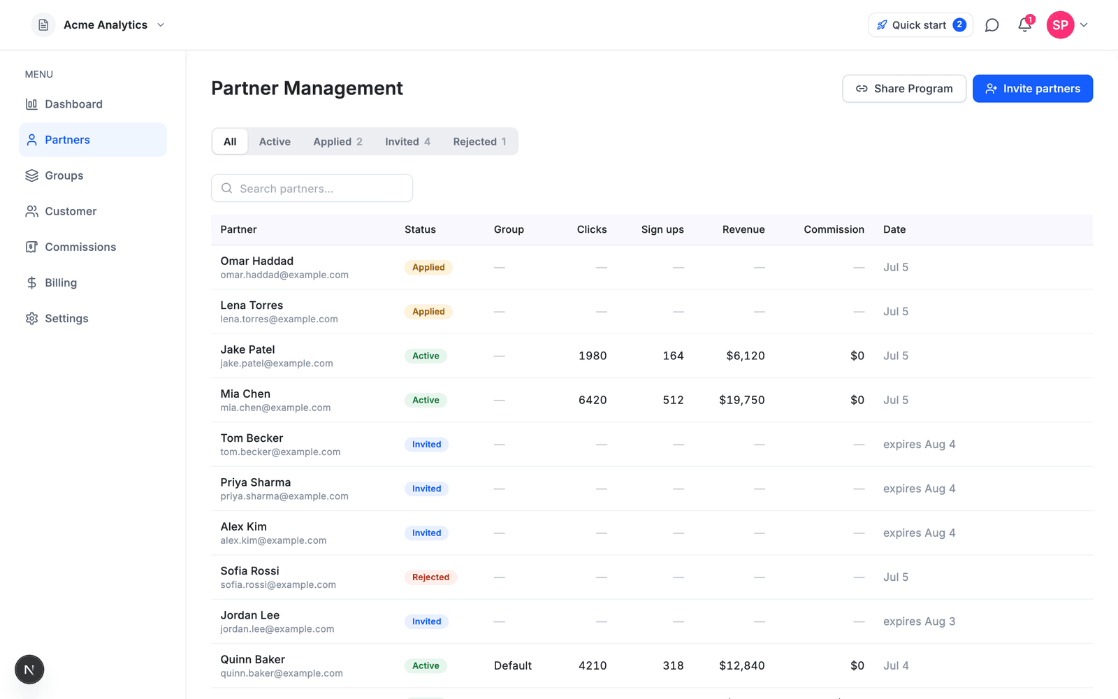 Affitor's Partners view: active partners, applications, and invites in one table with live stats
