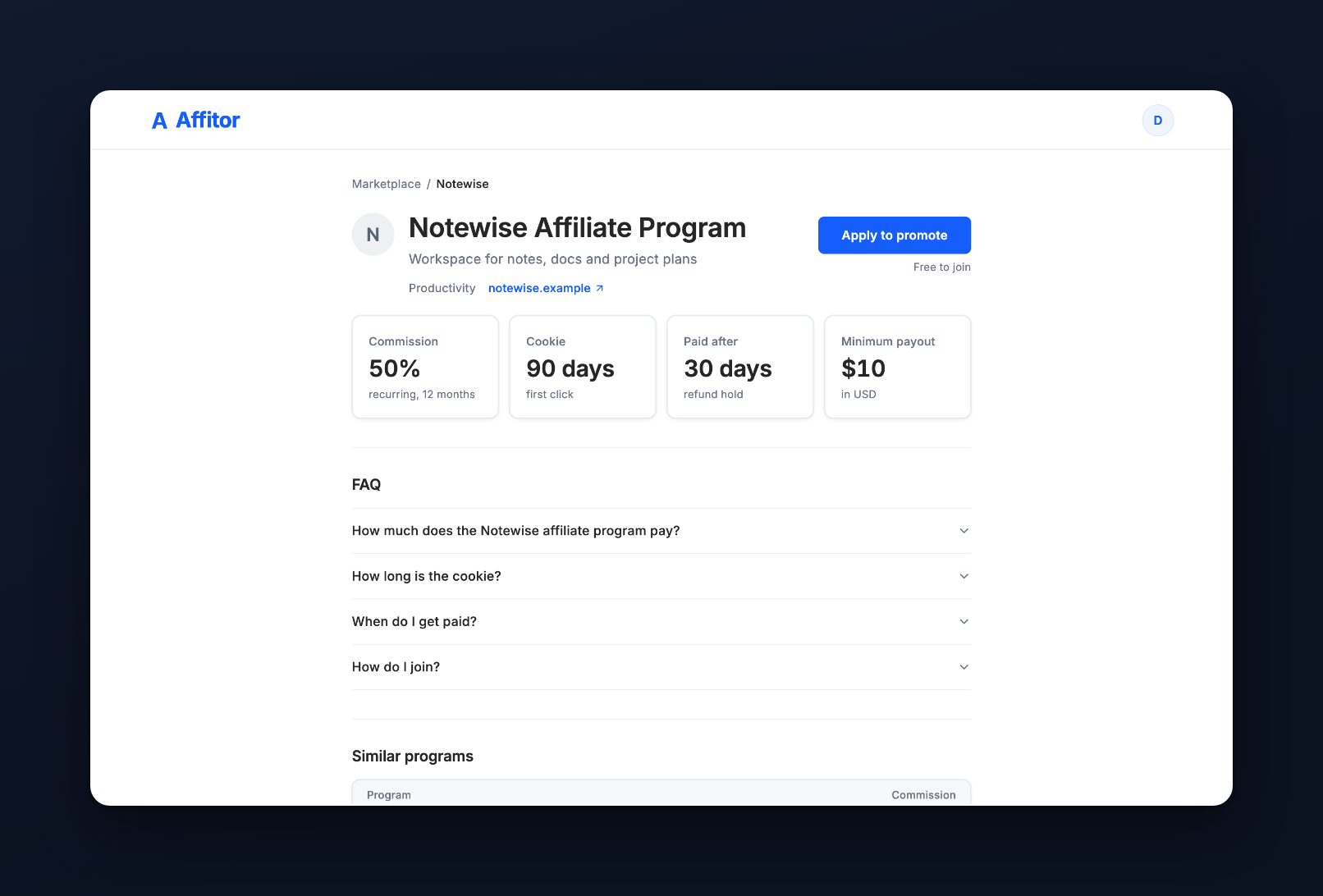 A program page with commission, cookie, paid after and minimum payout tiles